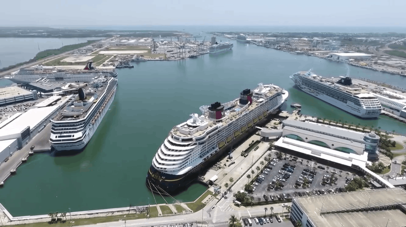 Colorful aerial view of Port Canaveral cruise terminals