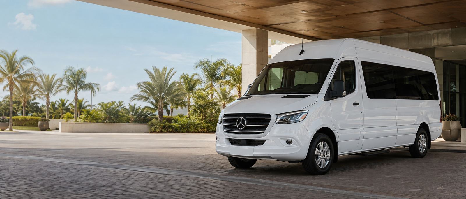 White Mercedes-Benz Sprinter van for private Orlando transportation
